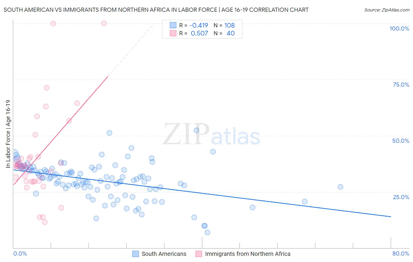 South American vs Immigrants from Northern Africa In Labor Force | Age 16-19