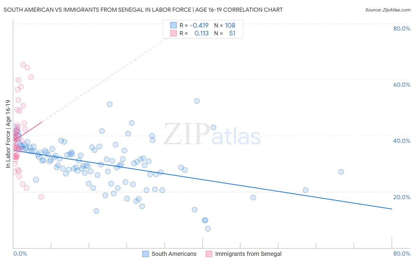 South American vs Immigrants from Senegal In Labor Force | Age 16-19