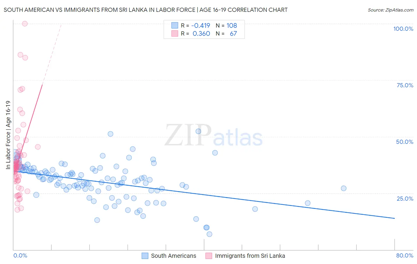 South American vs Immigrants from Sri Lanka In Labor Force | Age 16-19