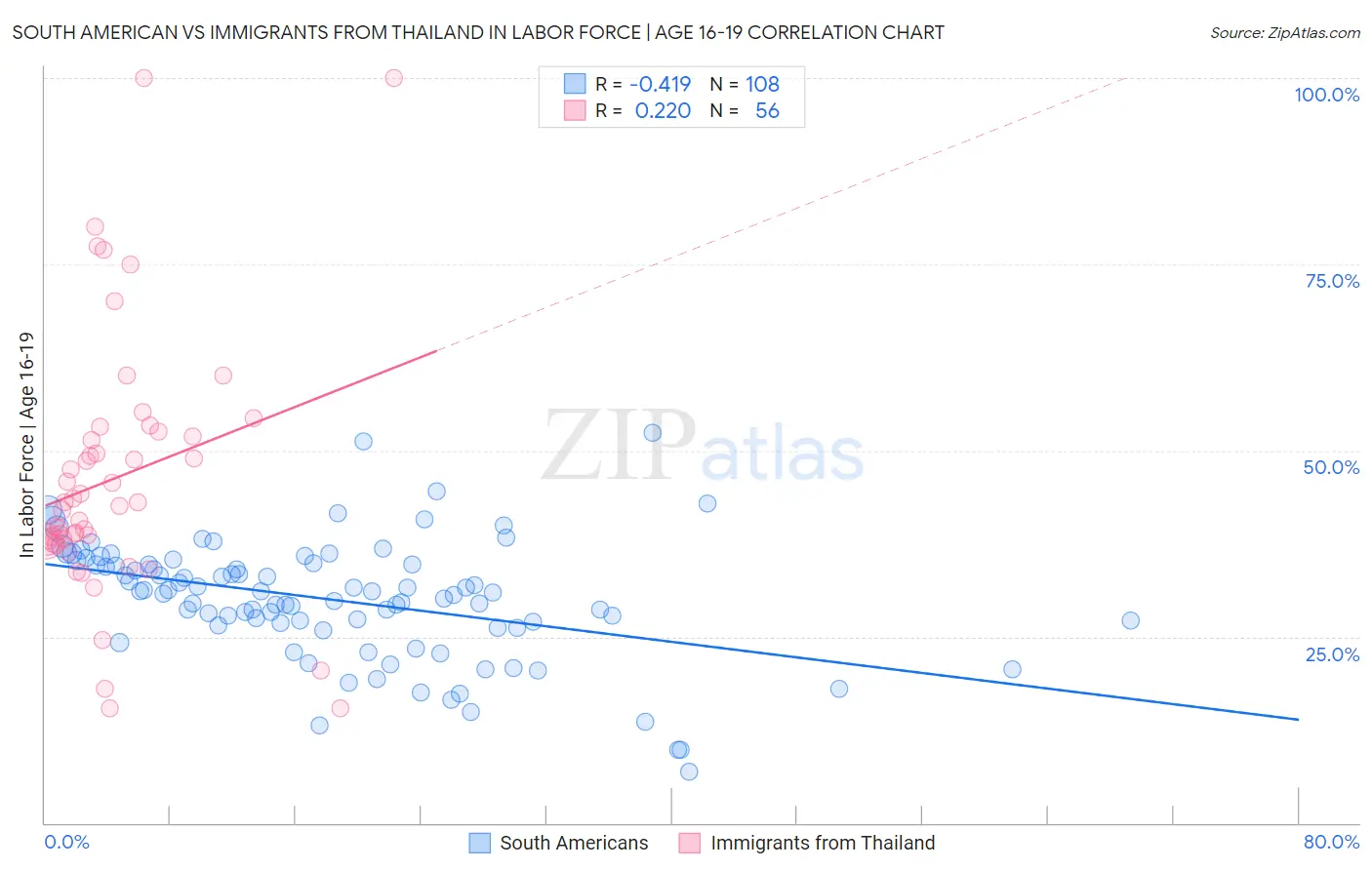 South American vs Immigrants from Thailand In Labor Force | Age 16-19