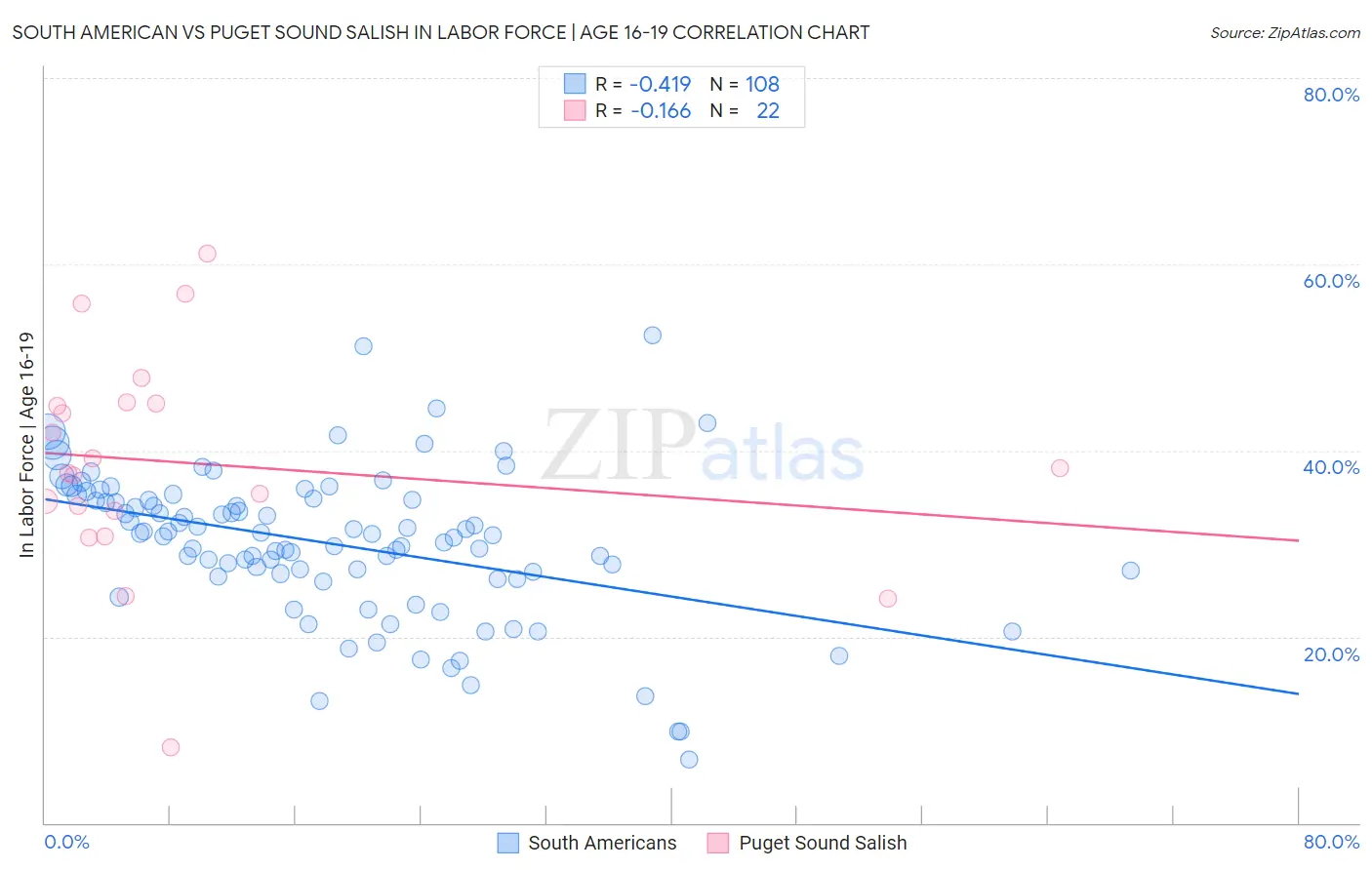 South American vs Puget Sound Salish In Labor Force | Age 16-19