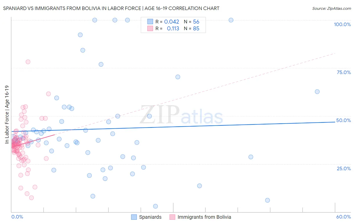 Spaniard vs Immigrants from Bolivia In Labor Force | Age 16-19