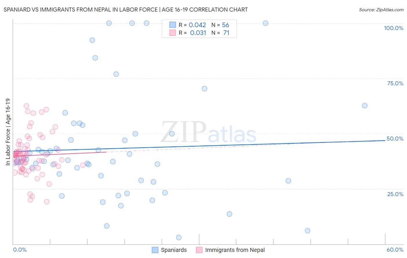 Spaniard vs Immigrants from Nepal In Labor Force | Age 16-19