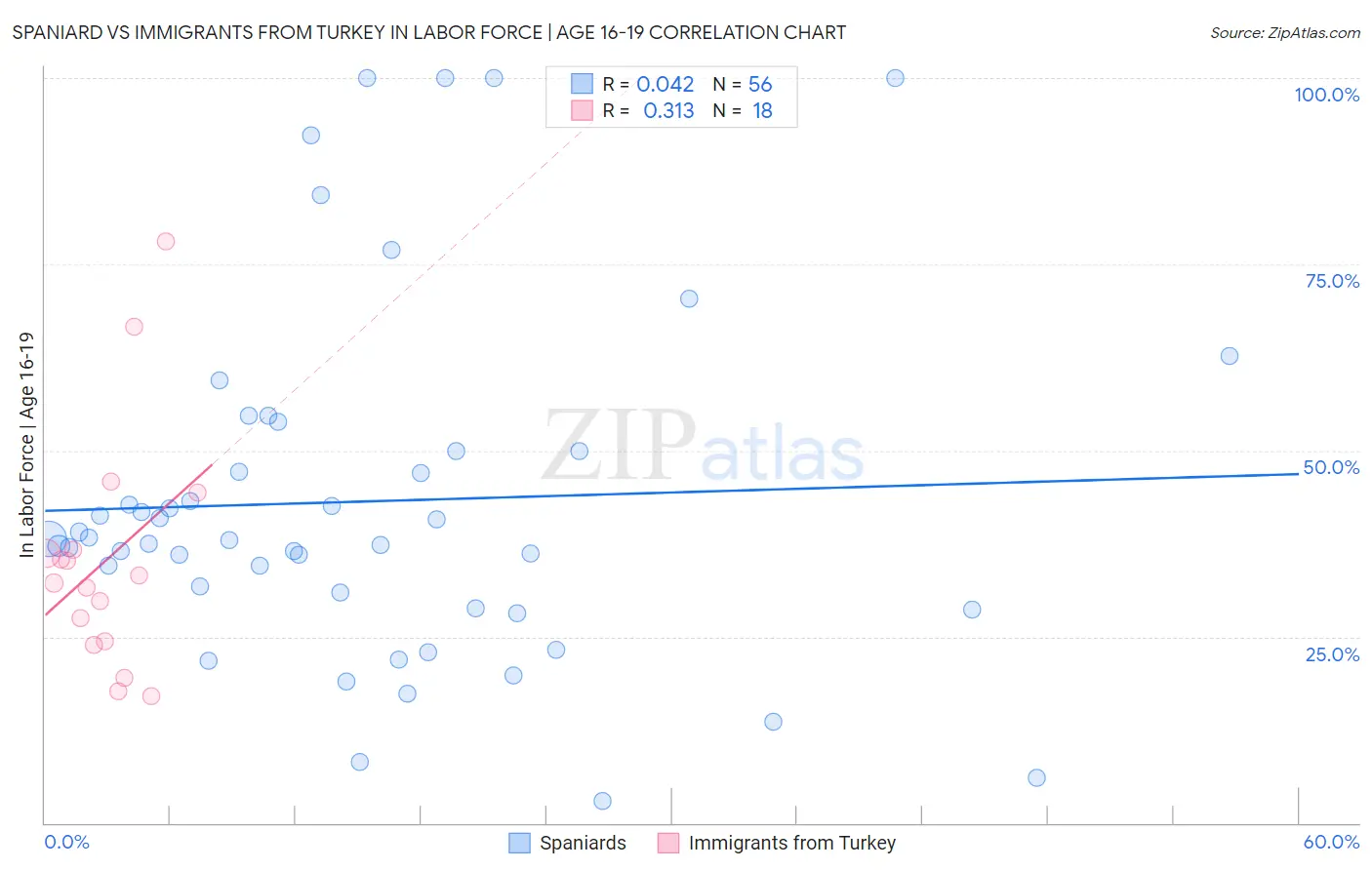 Spaniard vs Immigrants from Turkey In Labor Force | Age 16-19