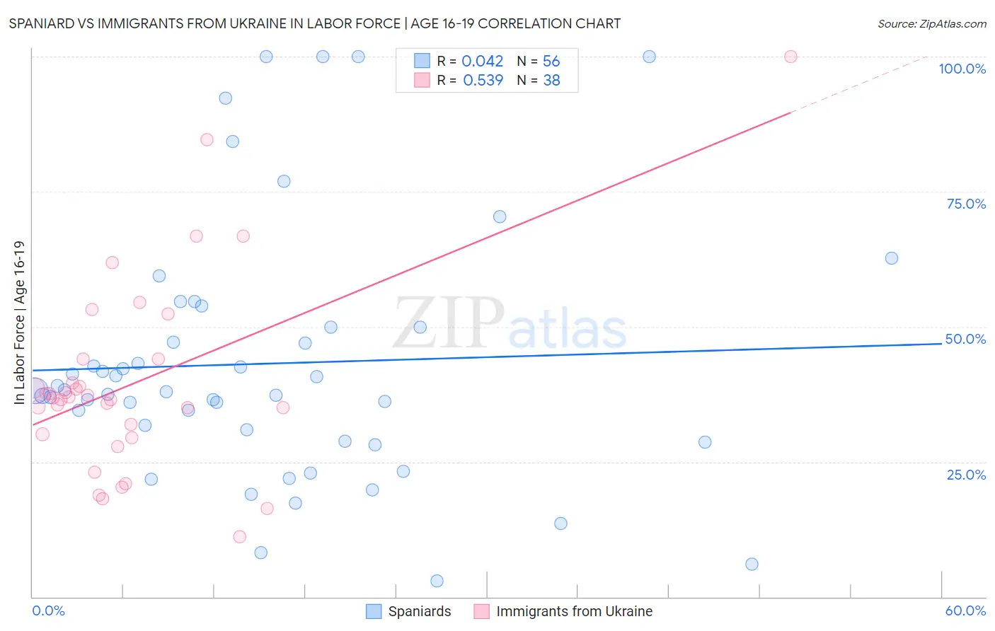 Spaniard vs Immigrants from Ukraine In Labor Force | Age 16-19