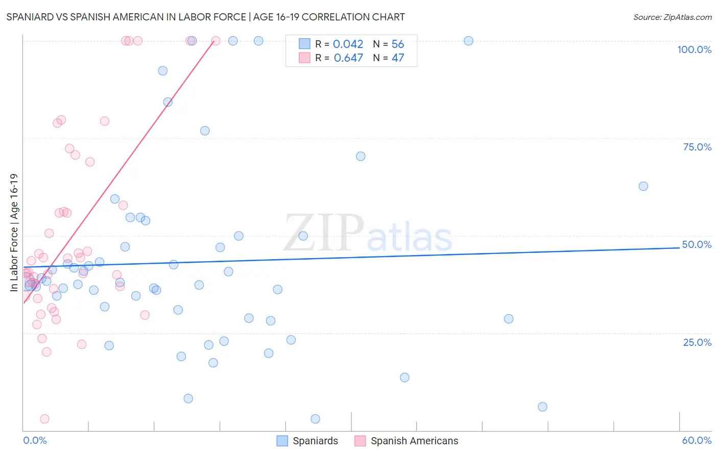 Spaniard vs Spanish American In Labor Force | Age 16-19