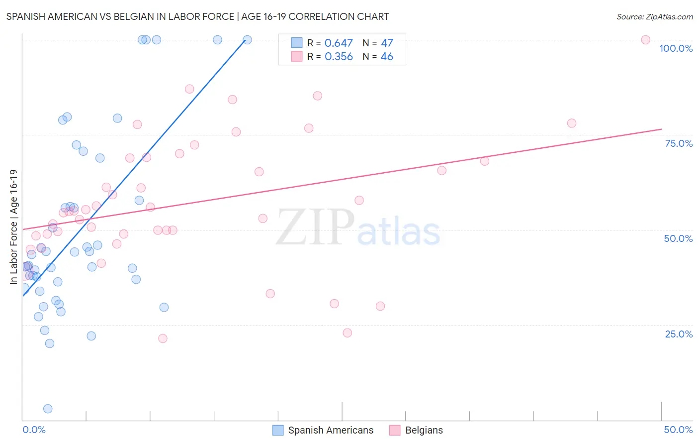 Spanish American vs Belgian In Labor Force | Age 16-19
