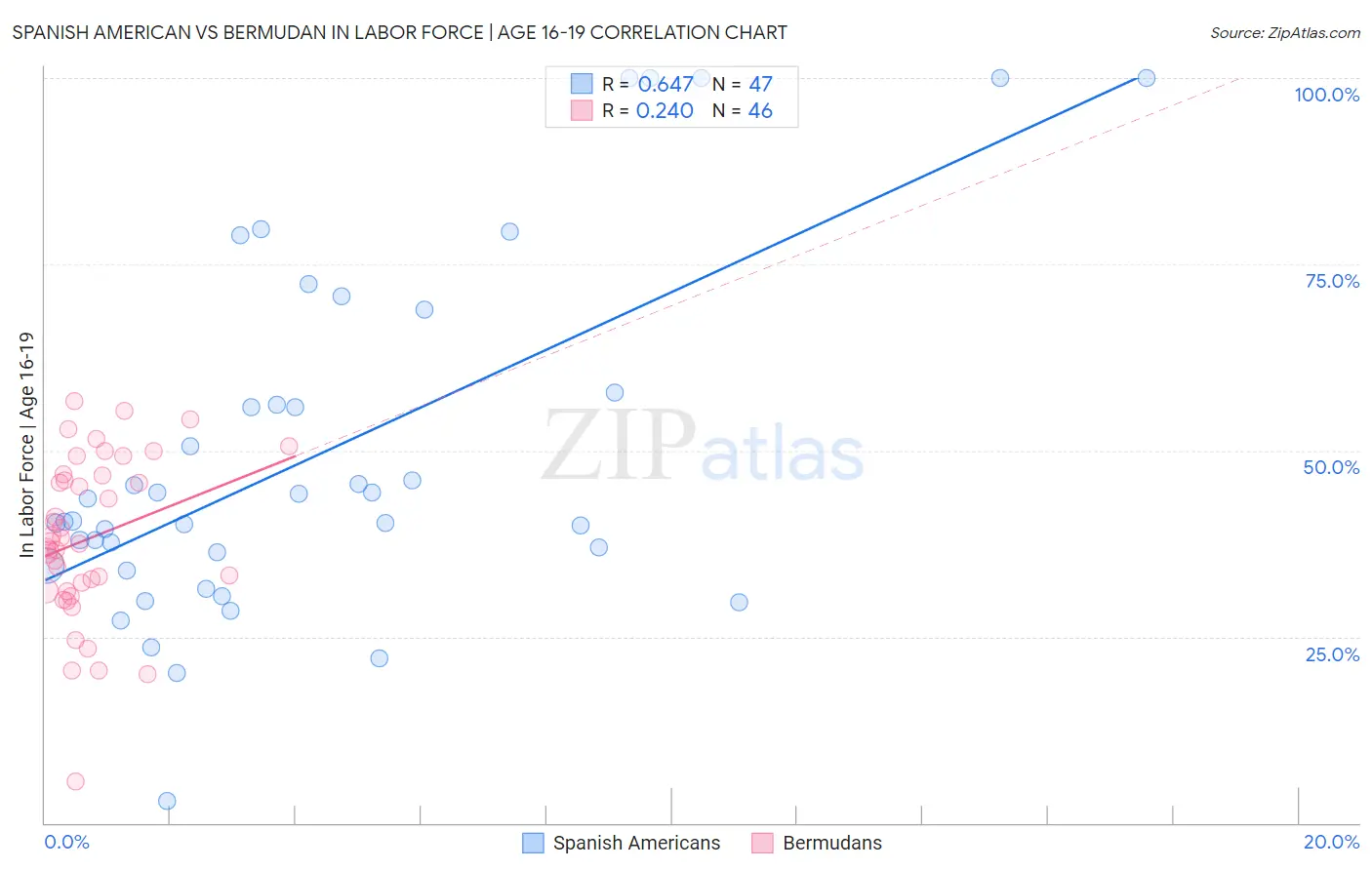 Spanish American vs Bermudan In Labor Force | Age 16-19