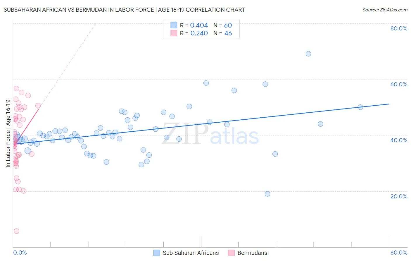 Subsaharan African vs Bermudan In Labor Force | Age 16-19