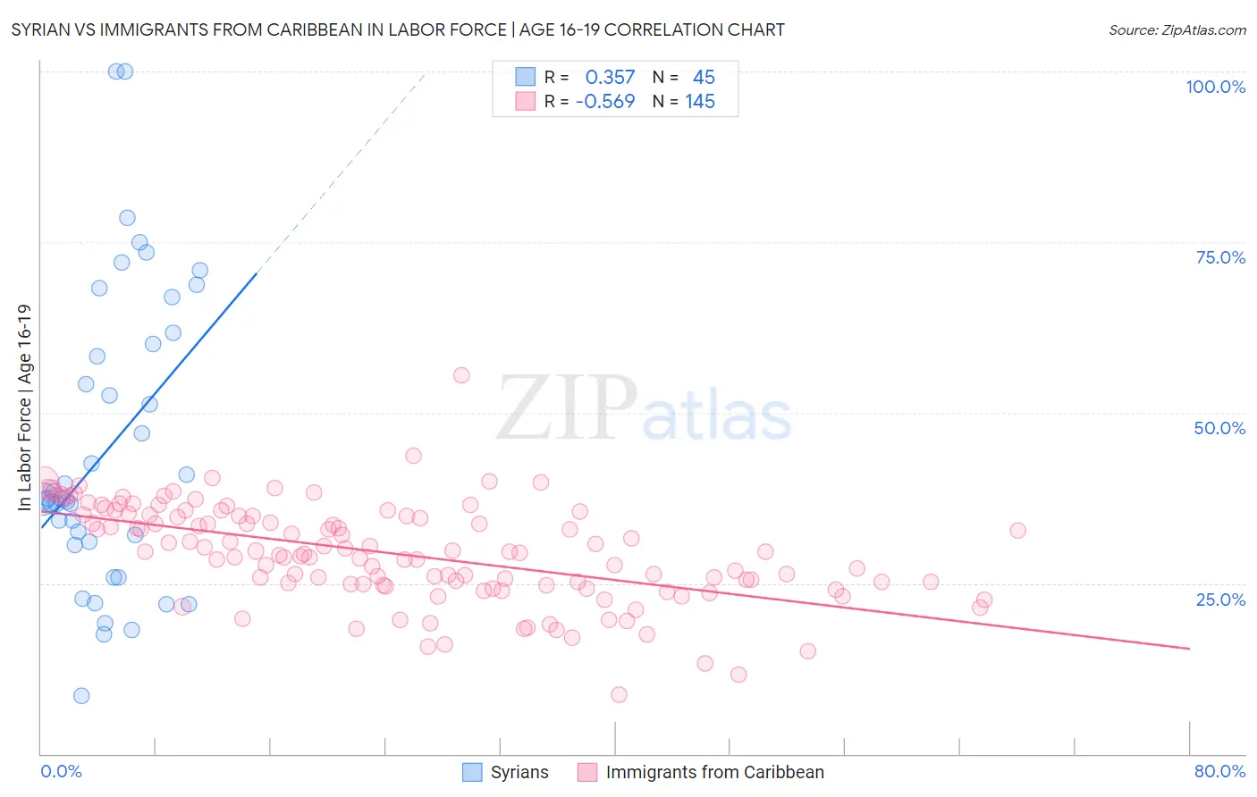 Syrian vs Immigrants from Caribbean In Labor Force | Age 16-19
