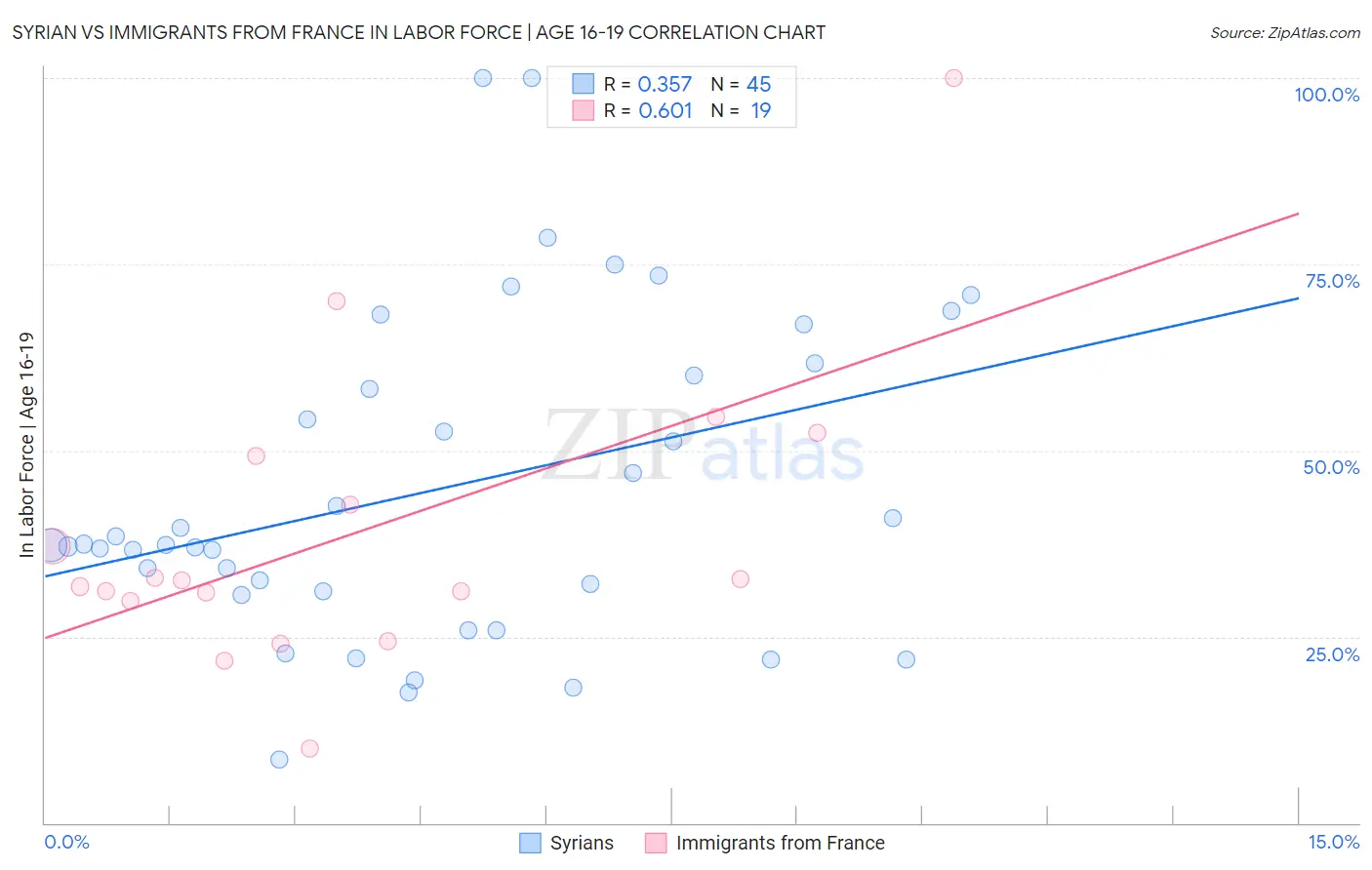 Syrian vs Immigrants from France In Labor Force | Age 16-19