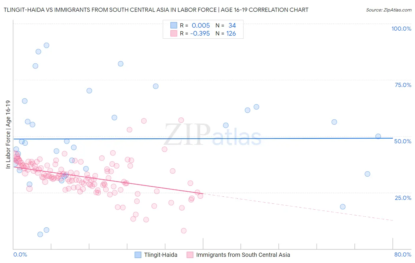Tlingit-Haida vs Immigrants from South Central Asia In Labor Force | Age 16-19
