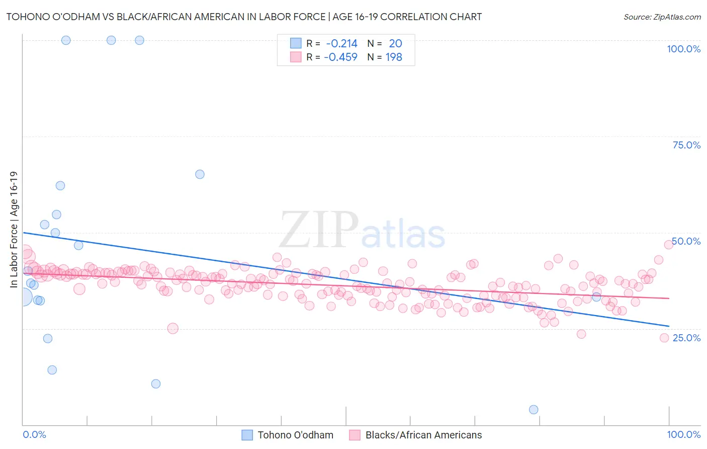 Tohono O'odham vs Black/African American In Labor Force | Age 16-19