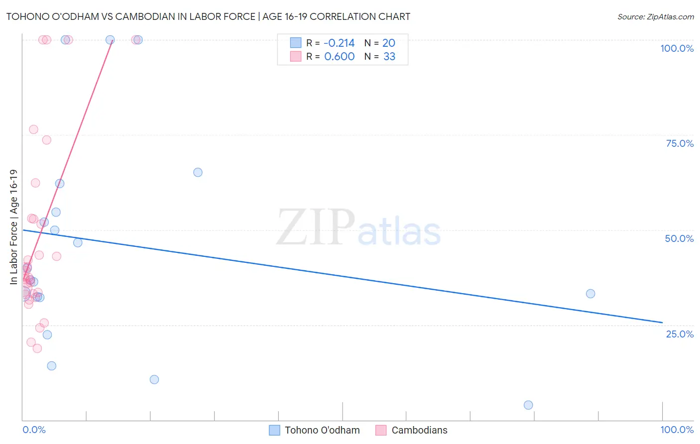 Tohono O'odham vs Cambodian In Labor Force | Age 16-19