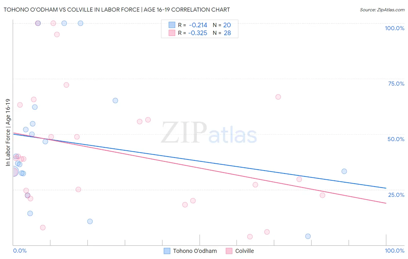 Tohono O'odham vs Colville In Labor Force | Age 16-19