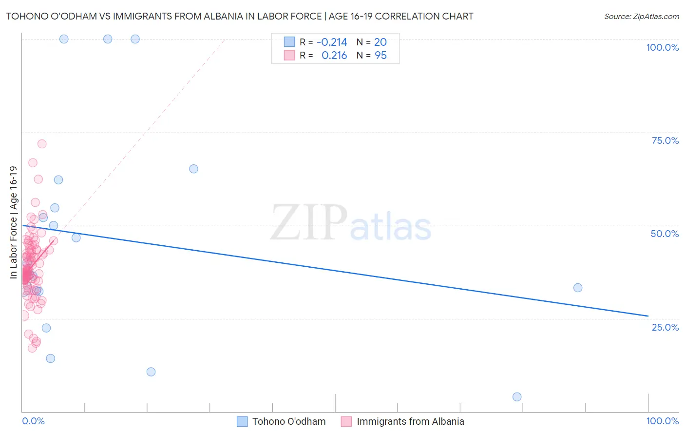 Tohono O'odham vs Immigrants from Albania In Labor Force | Age 16-19