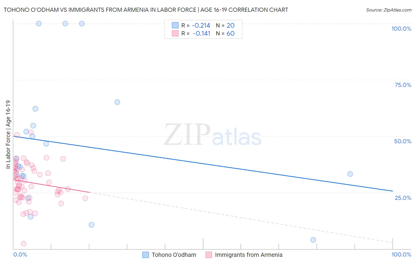 Tohono O'odham vs Immigrants from Armenia In Labor Force | Age 16-19