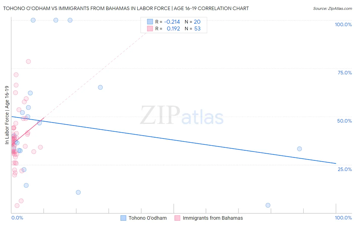 Tohono O'odham vs Immigrants from Bahamas In Labor Force | Age 16-19