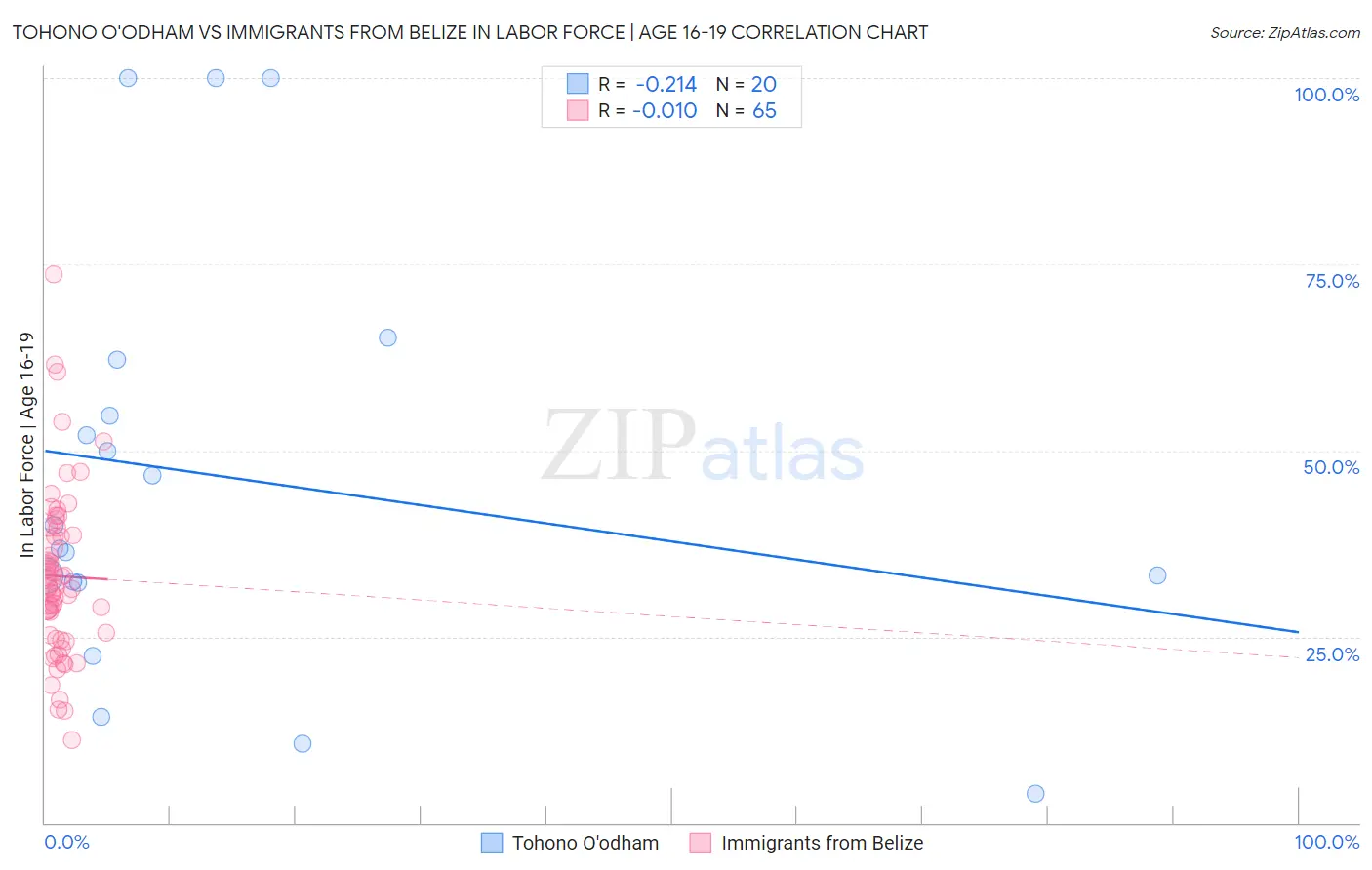 Tohono O'odham vs Immigrants from Belize In Labor Force | Age 16-19