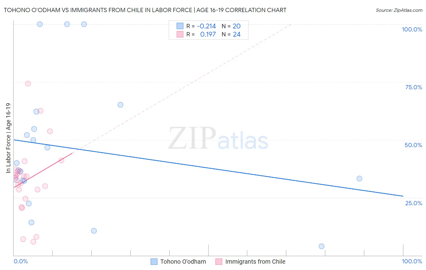 Tohono O'odham vs Immigrants from Chile In Labor Force | Age 16-19