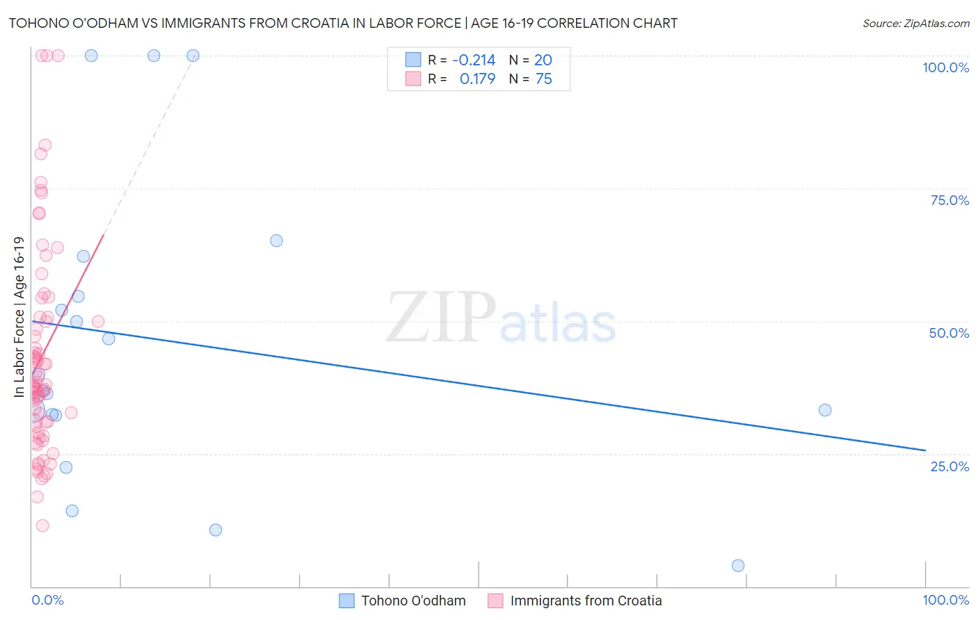 Tohono O'odham vs Immigrants from Croatia In Labor Force | Age 16-19