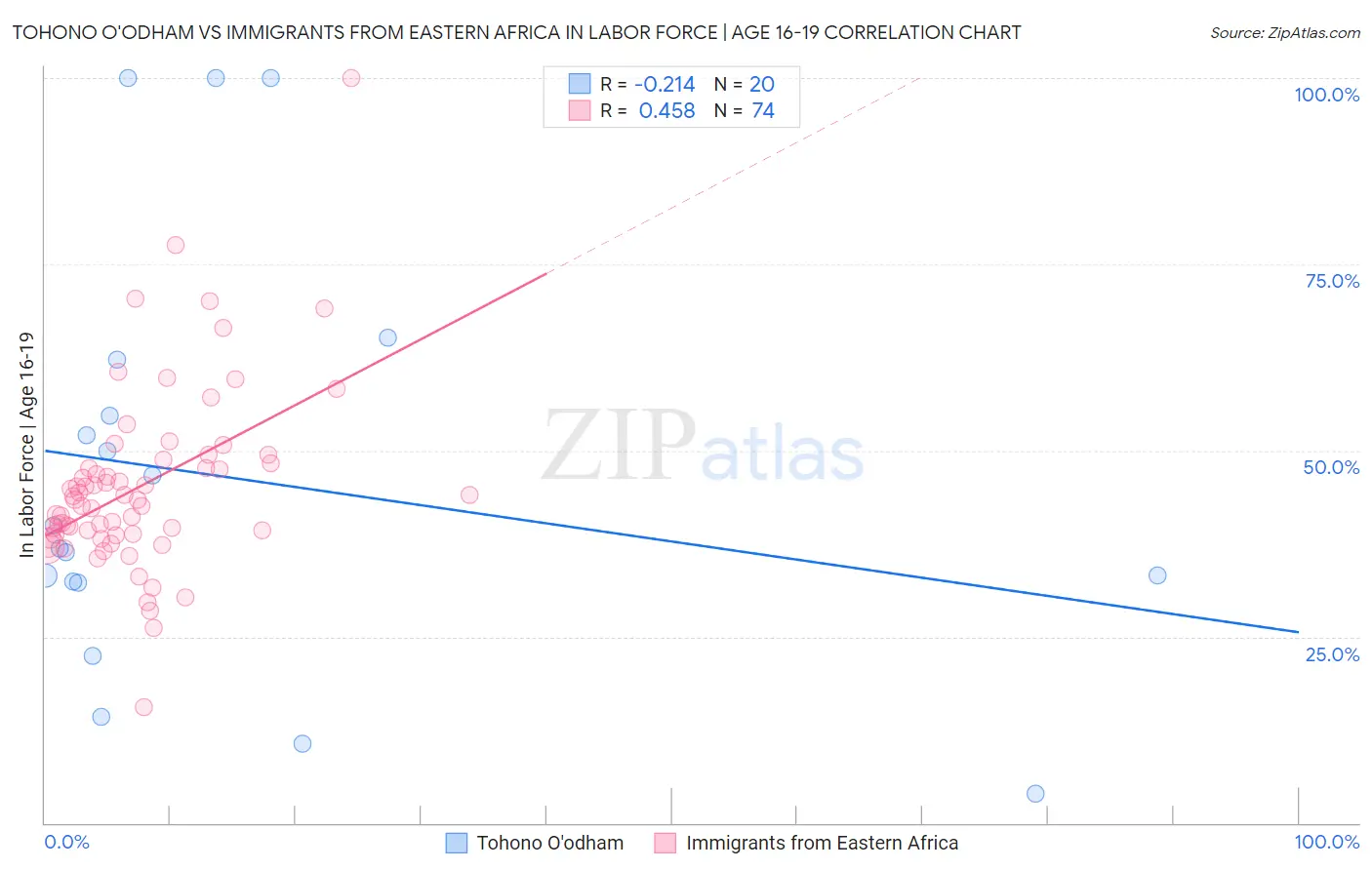 Tohono O'odham vs Immigrants from Eastern Africa In Labor Force | Age 16-19