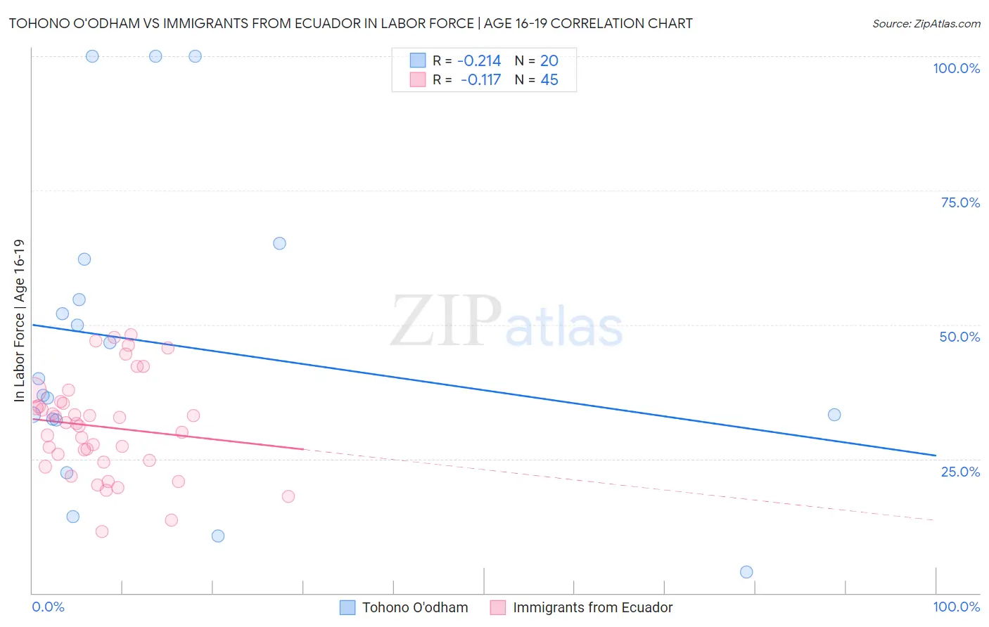 Tohono O'odham vs Immigrants from Ecuador In Labor Force | Age 16-19