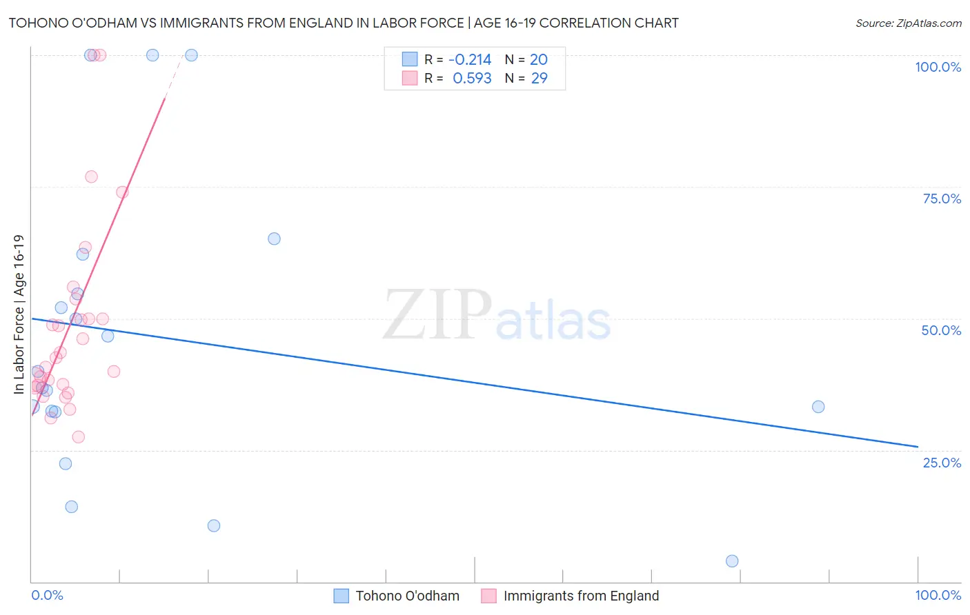 Tohono O'odham vs Immigrants from England In Labor Force | Age 16-19