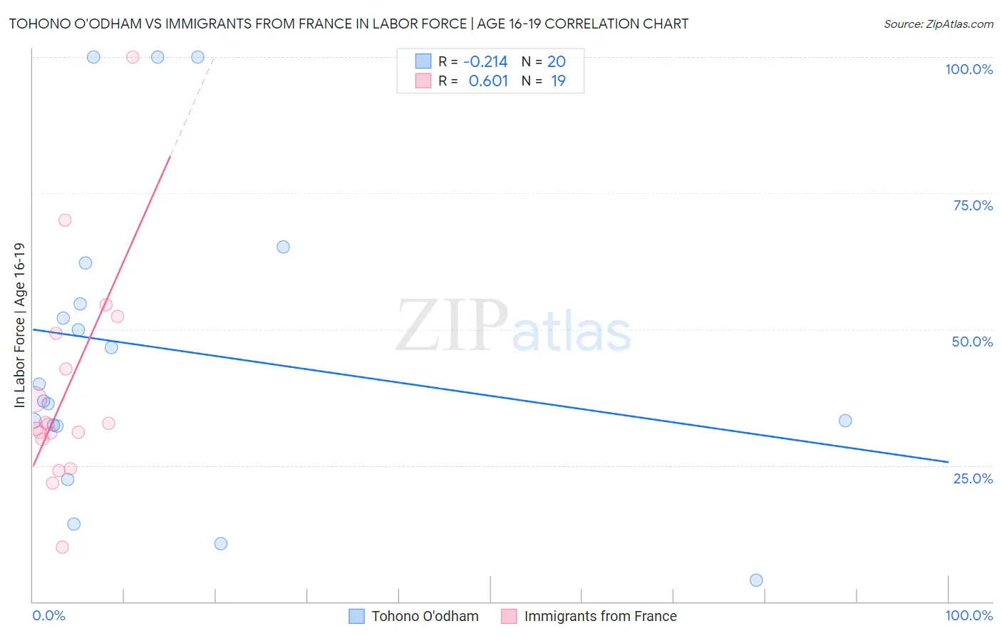 Tohono O'odham vs Immigrants from France In Labor Force | Age 16-19