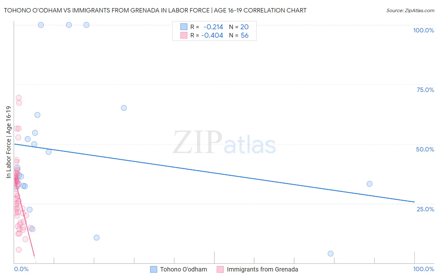 Tohono O'odham vs Immigrants from Grenada In Labor Force | Age 16-19