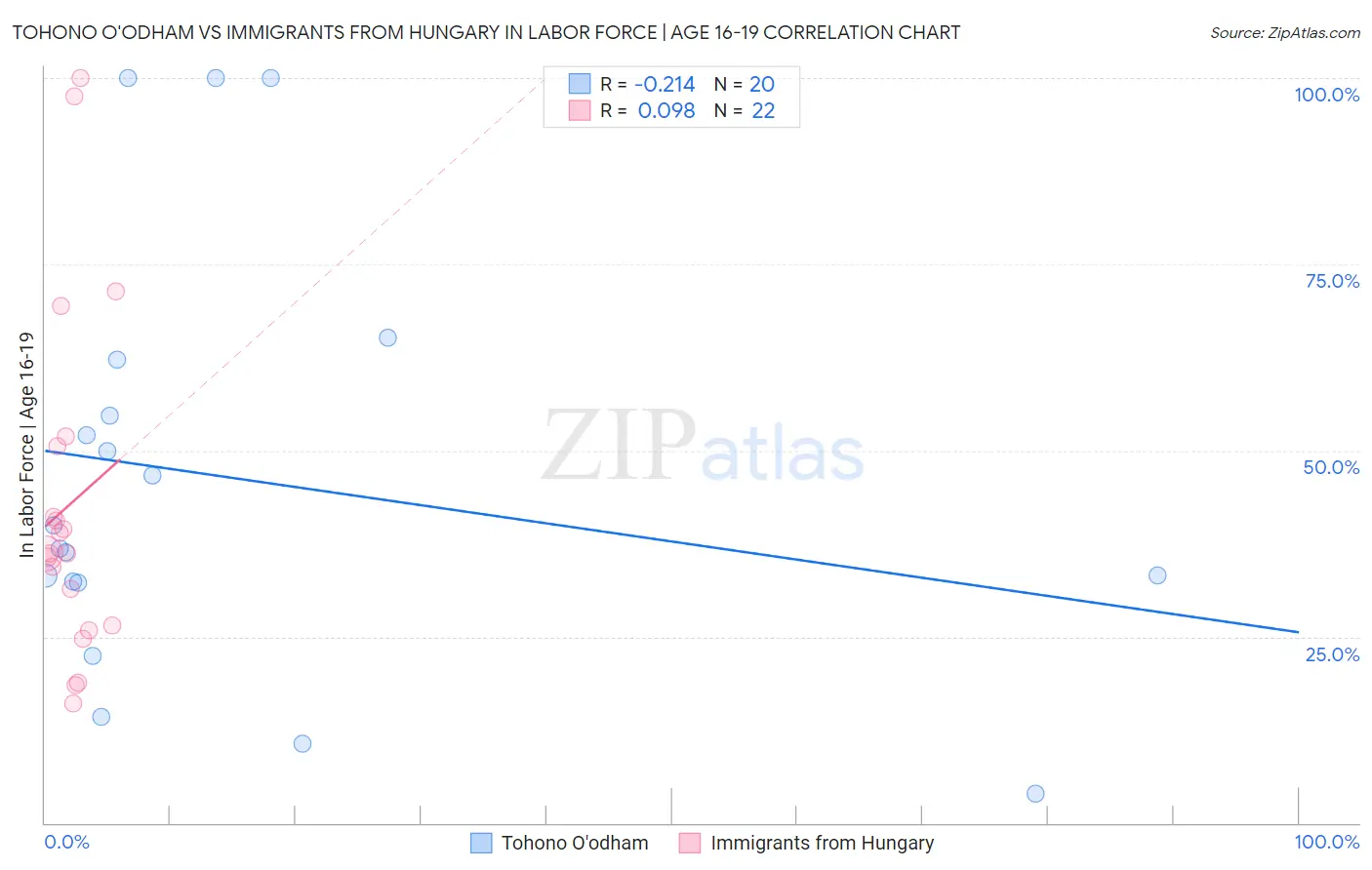 Tohono O'odham vs Immigrants from Hungary In Labor Force | Age 16-19