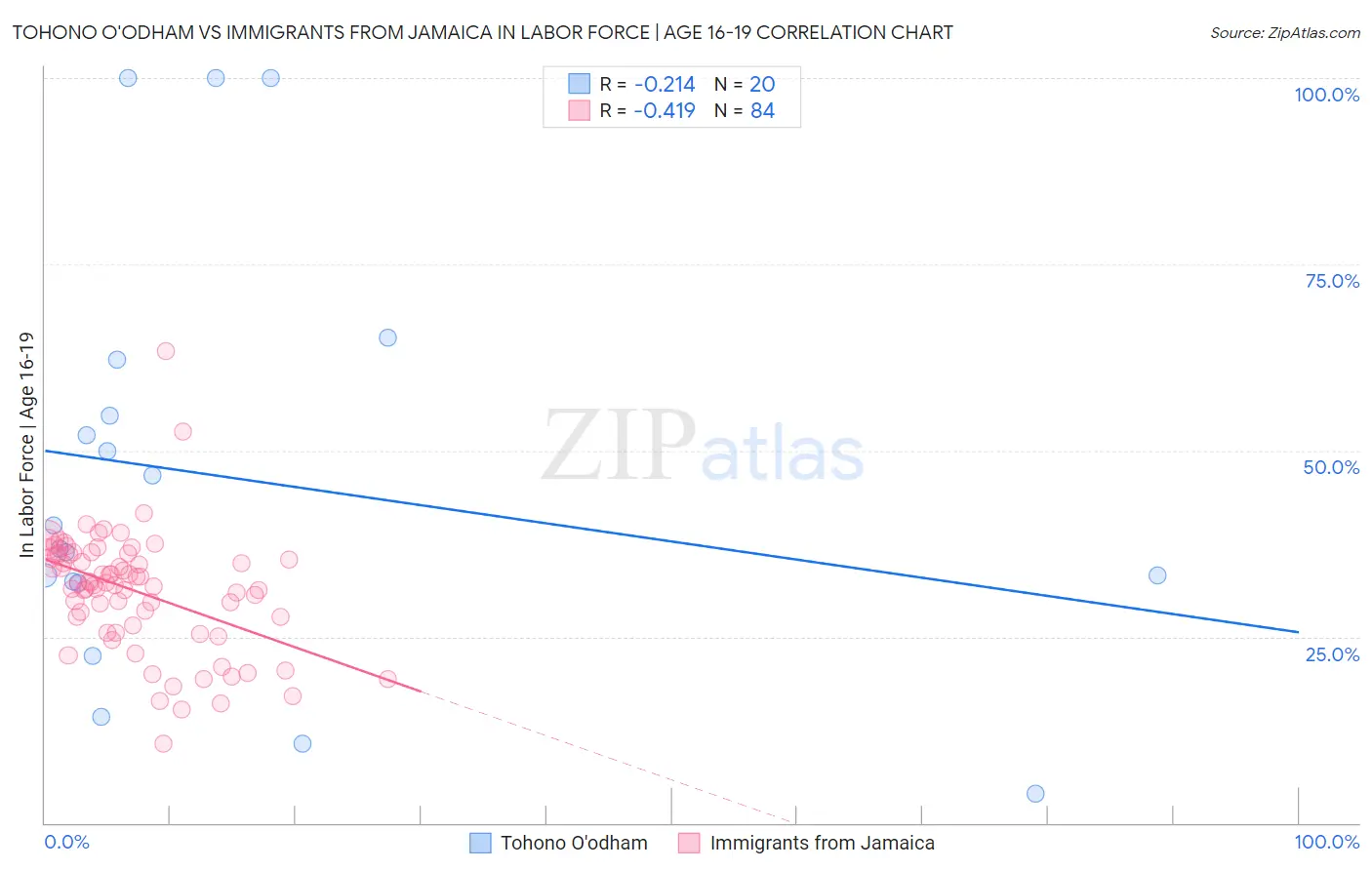 Tohono O'odham vs Immigrants from Jamaica In Labor Force | Age 16-19