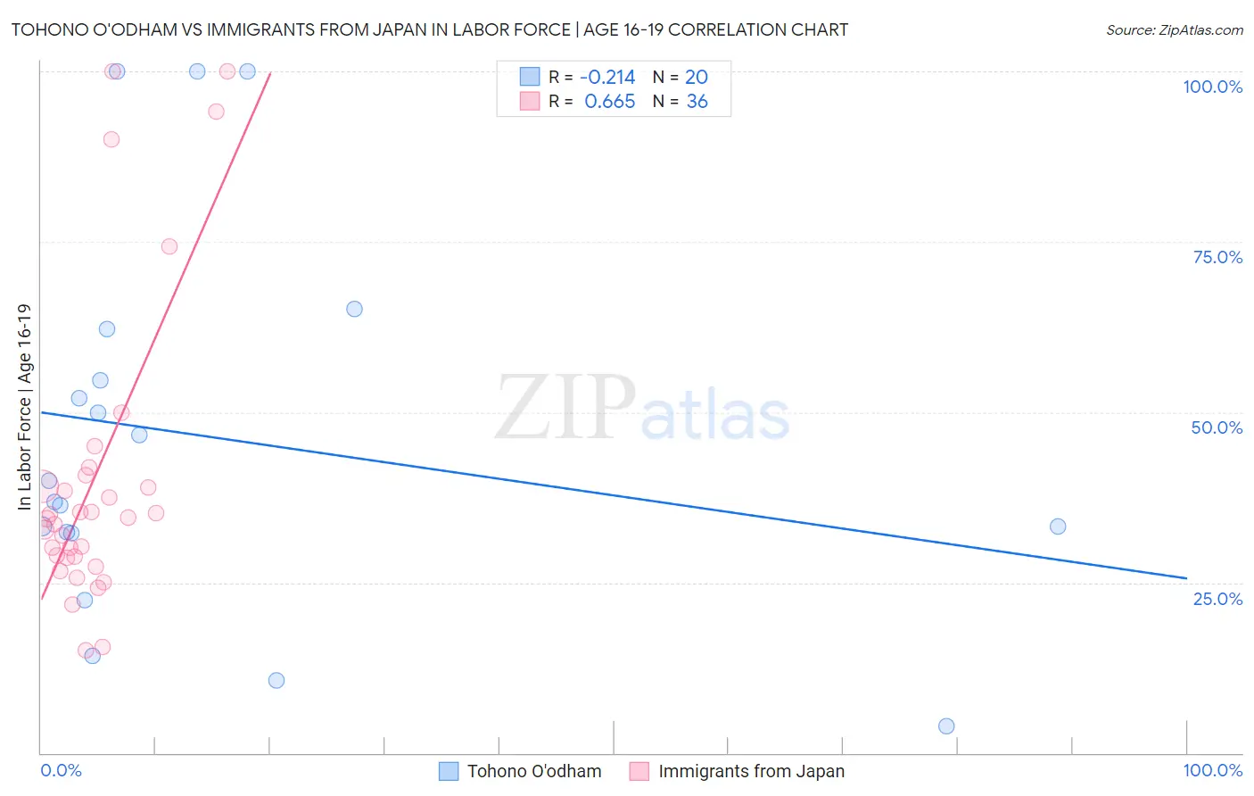 Tohono O'odham vs Immigrants from Japan In Labor Force | Age 16-19