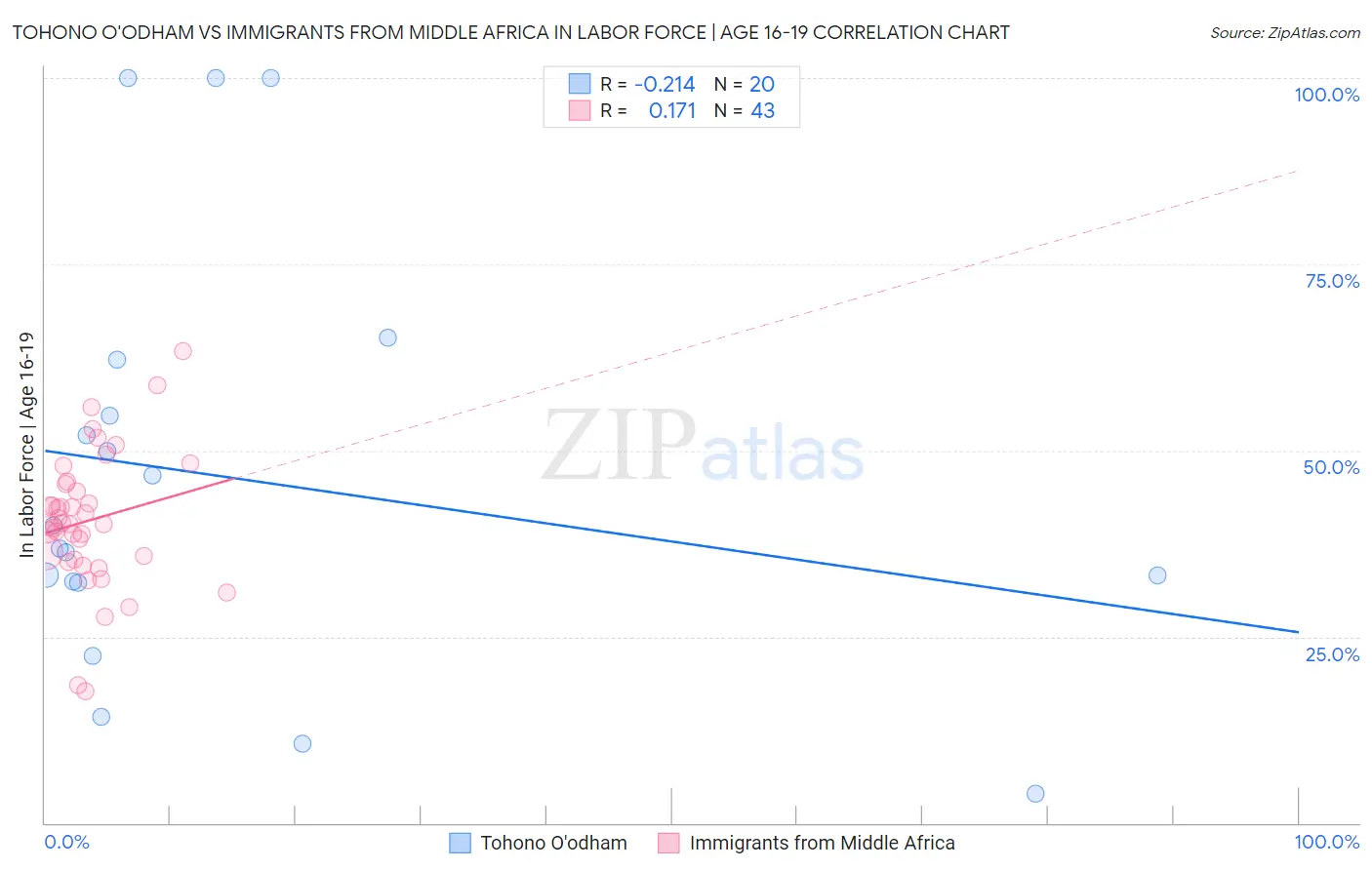 Tohono O'odham vs Immigrants from Middle Africa In Labor Force | Age 16-19