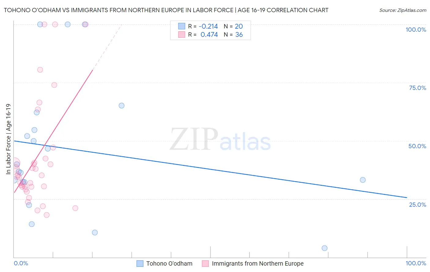 Tohono O'odham vs Immigrants from Northern Europe In Labor Force | Age 16-19
