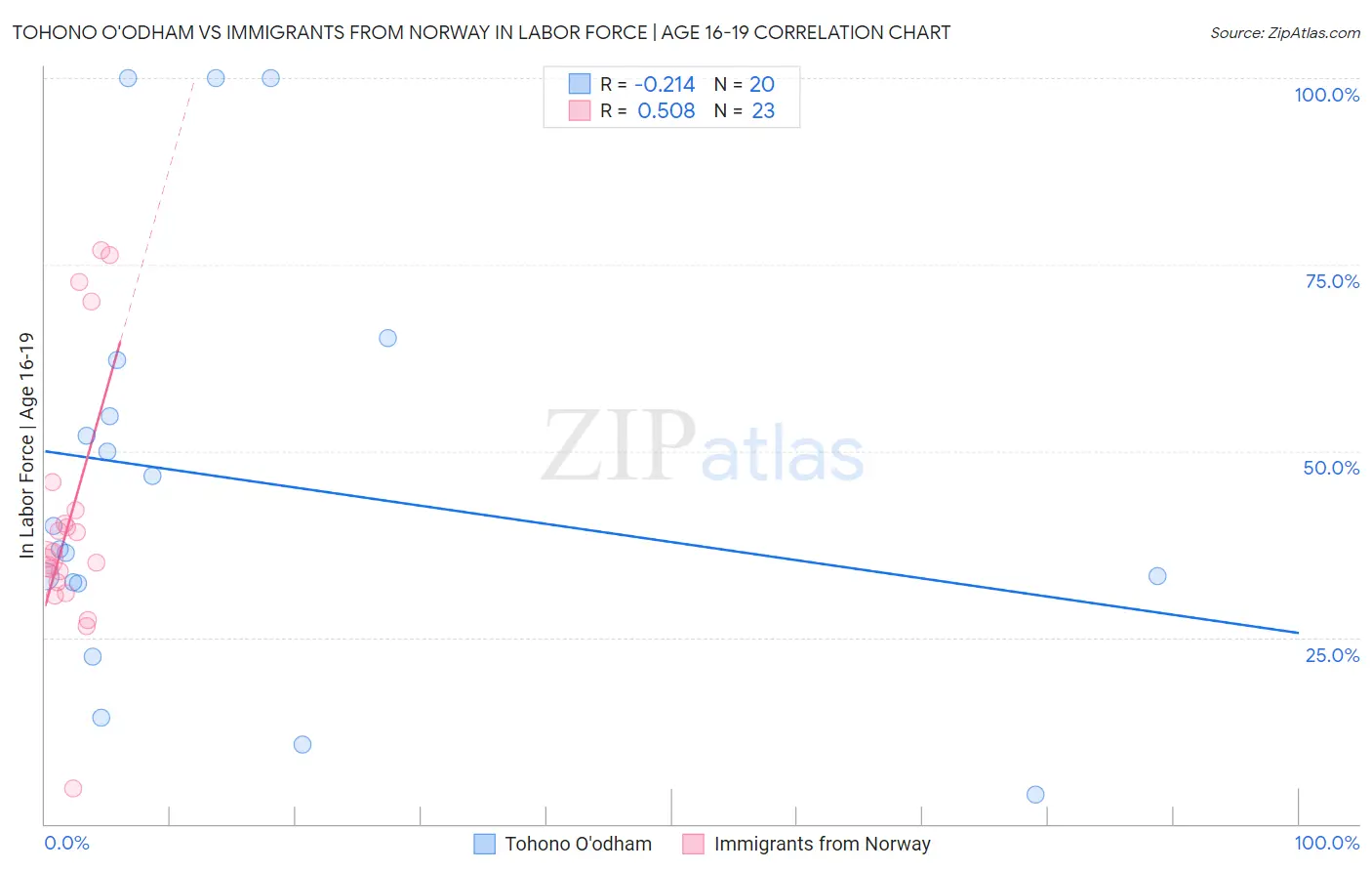Tohono O'odham vs Immigrants from Norway In Labor Force | Age 16-19