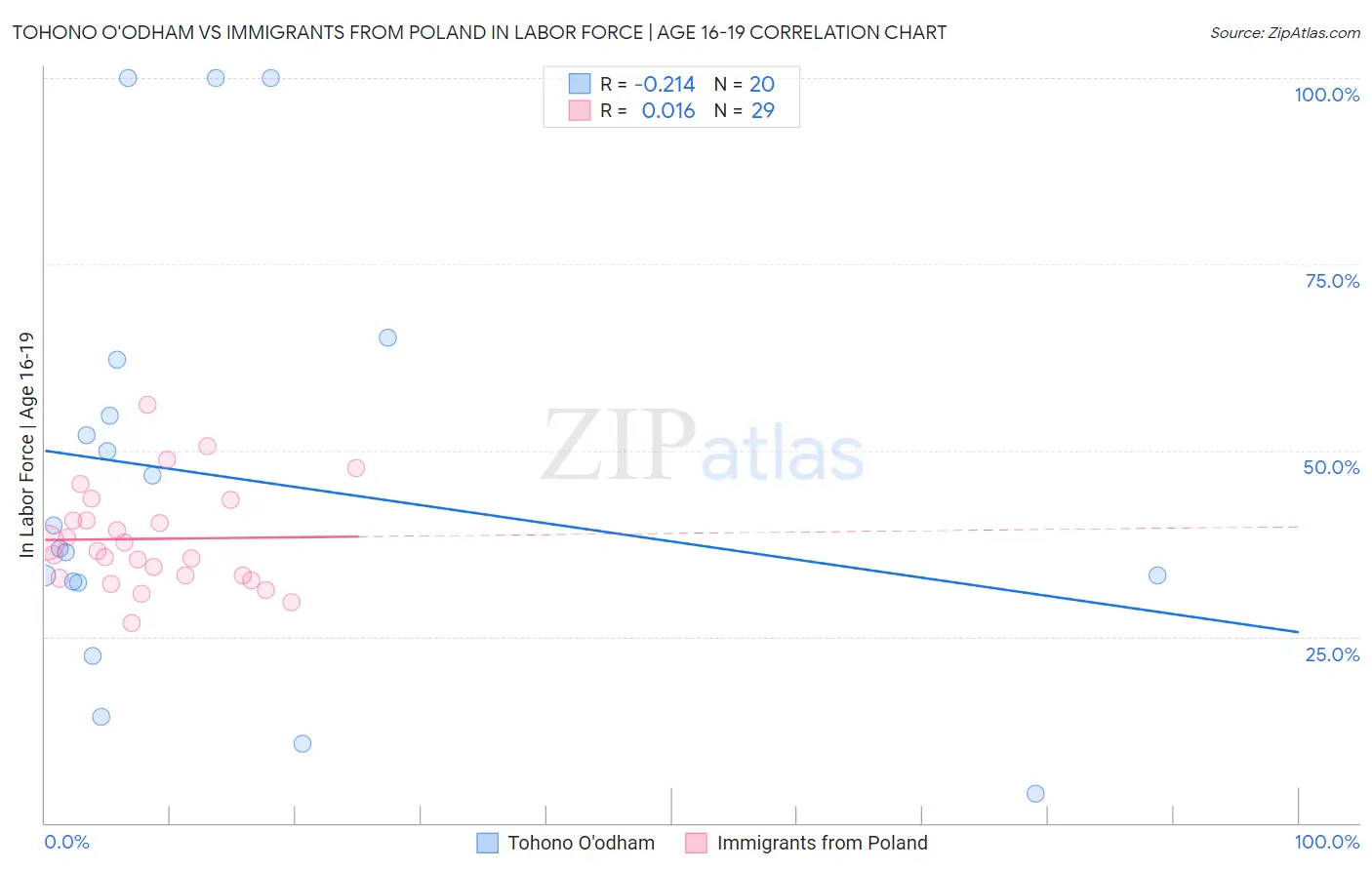 Tohono O'odham vs Immigrants from Poland In Labor Force | Age 16-19