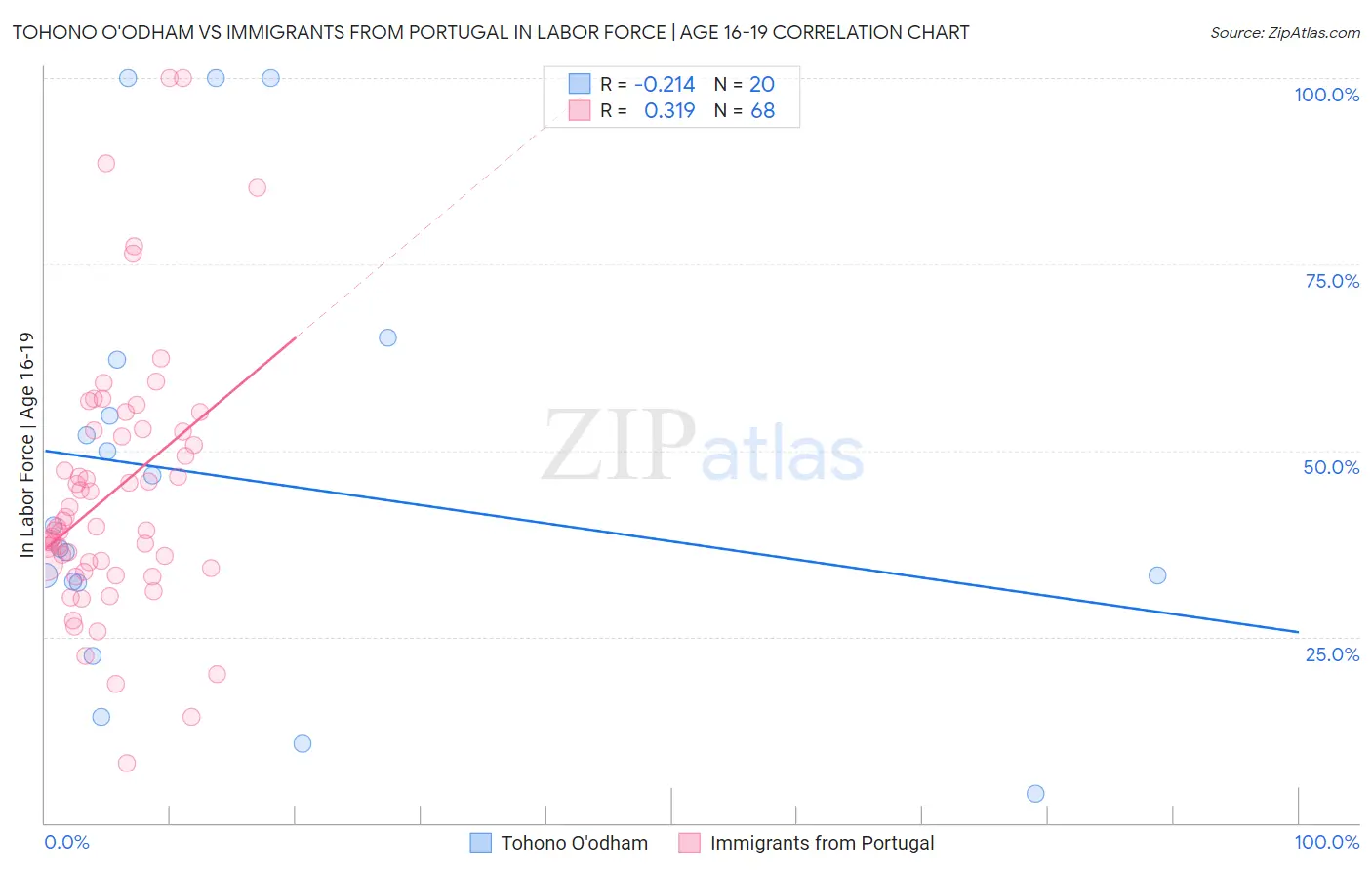 Tohono O'odham vs Immigrants from Portugal In Labor Force | Age 16-19