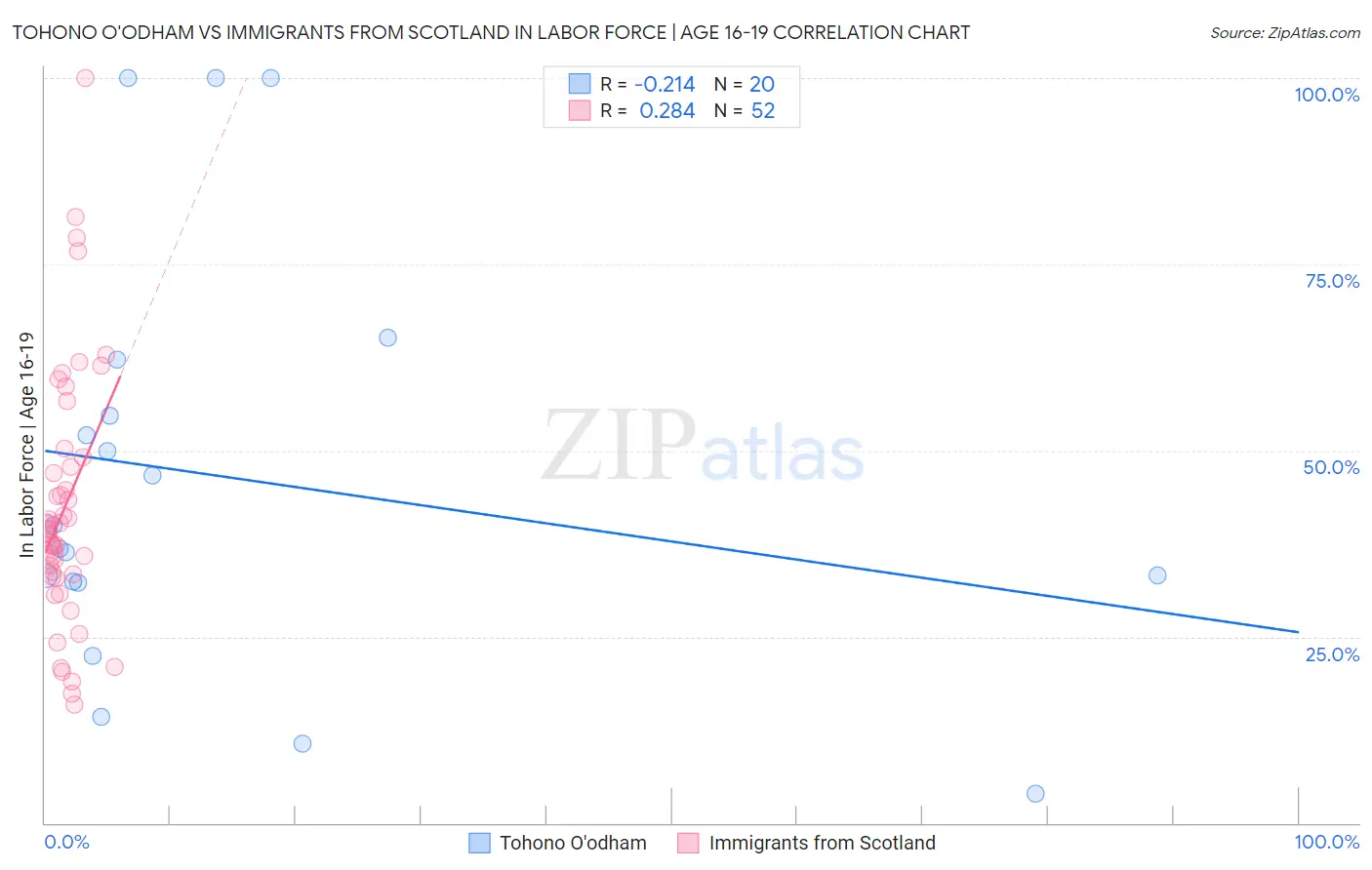 Tohono O'odham vs Immigrants from Scotland In Labor Force | Age 16-19