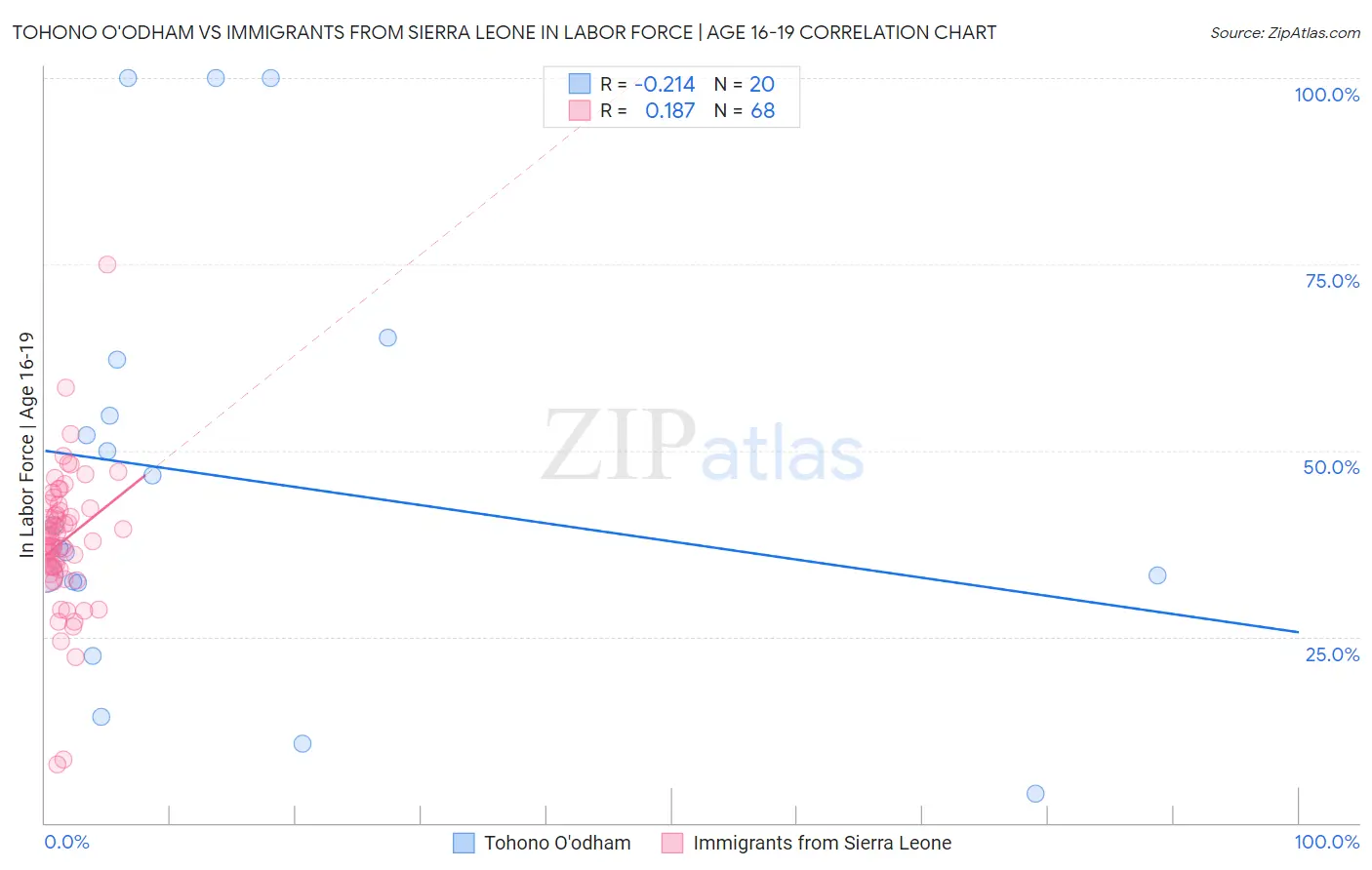 Tohono O'odham vs Immigrants from Sierra Leone In Labor Force | Age 16-19
