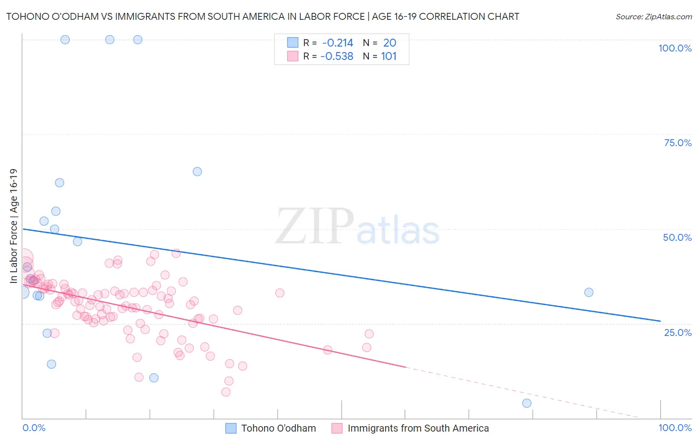 Tohono O'odham vs Immigrants from South America In Labor Force | Age 16-19