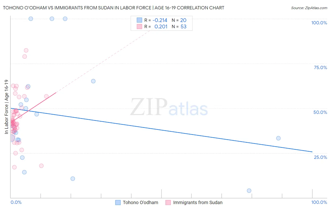 Tohono O'odham vs Immigrants from Sudan In Labor Force | Age 16-19