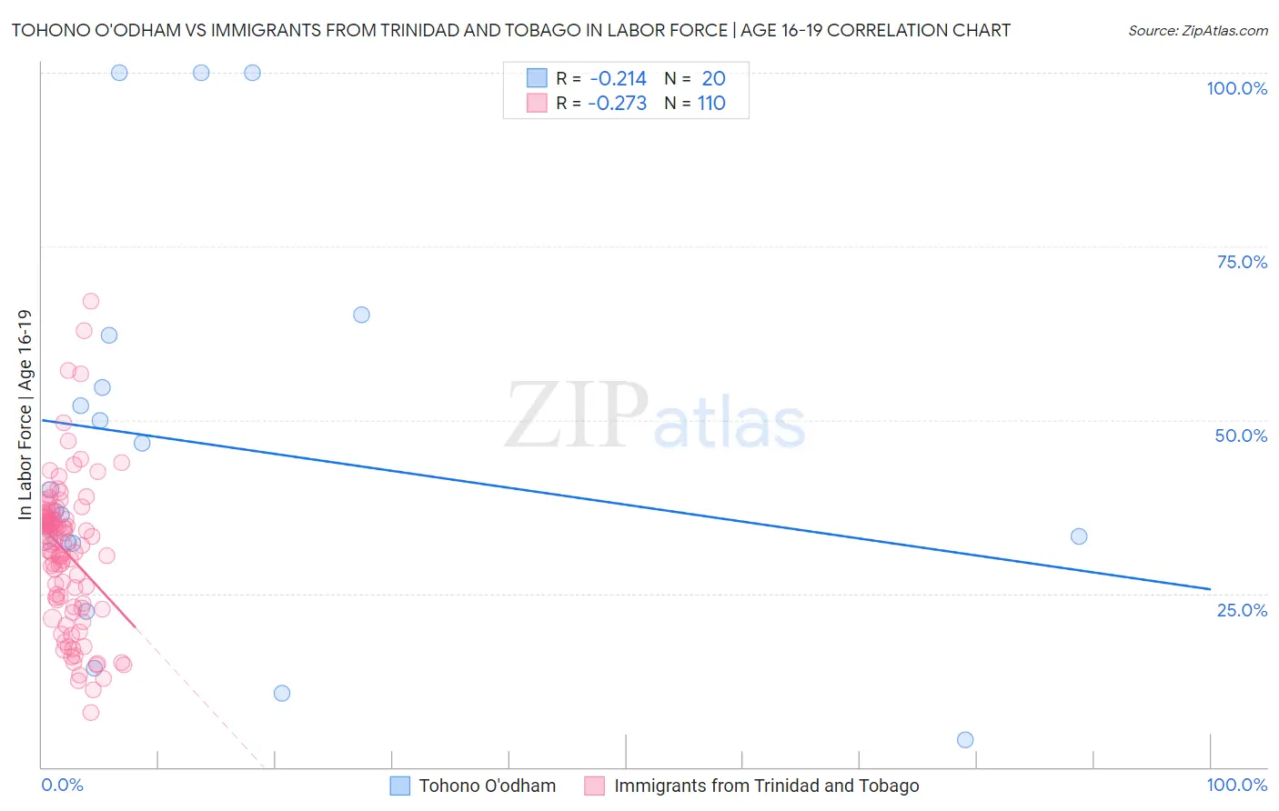 Tohono O'odham vs Immigrants from Trinidad and Tobago In Labor Force | Age 16-19