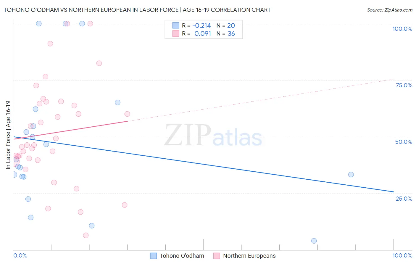 Tohono O'odham vs Northern European In Labor Force | Age 16-19