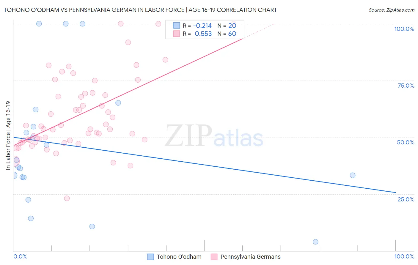 Tohono O'odham vs Pennsylvania German In Labor Force | Age 16-19