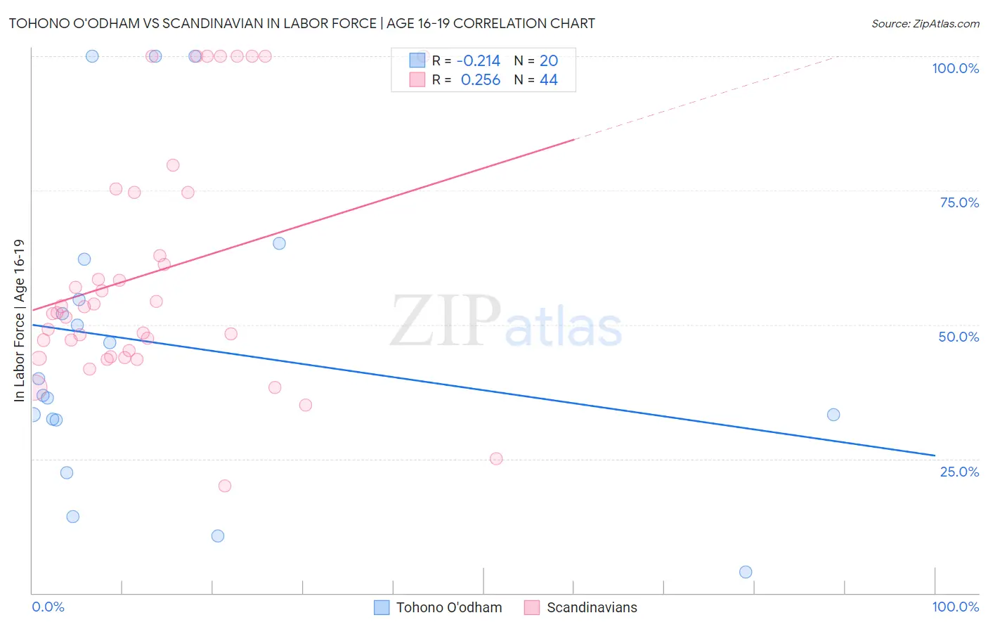 Tohono O'odham vs Scandinavian In Labor Force | Age 16-19