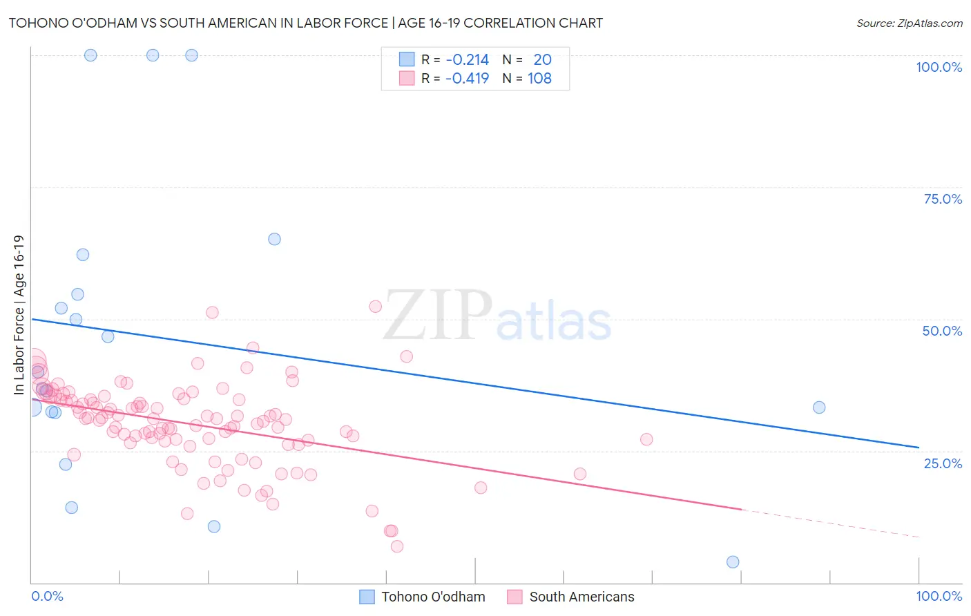 Tohono O'odham vs South American In Labor Force | Age 16-19