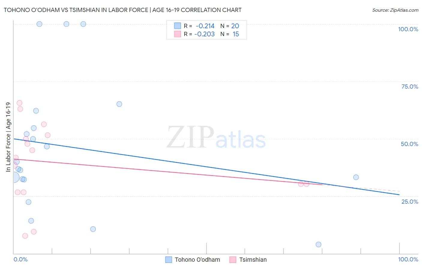 Tohono O'odham vs Tsimshian In Labor Force | Age 16-19