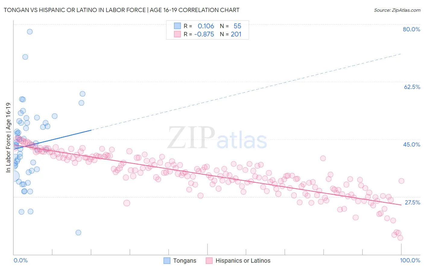 Tongan vs Hispanic or Latino In Labor Force | Age 16-19