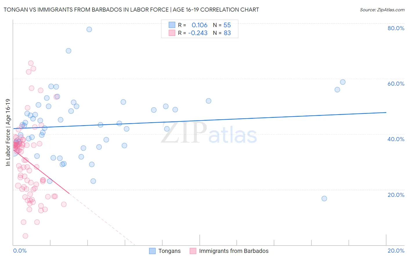 Tongan vs Immigrants from Barbados In Labor Force | Age 16-19